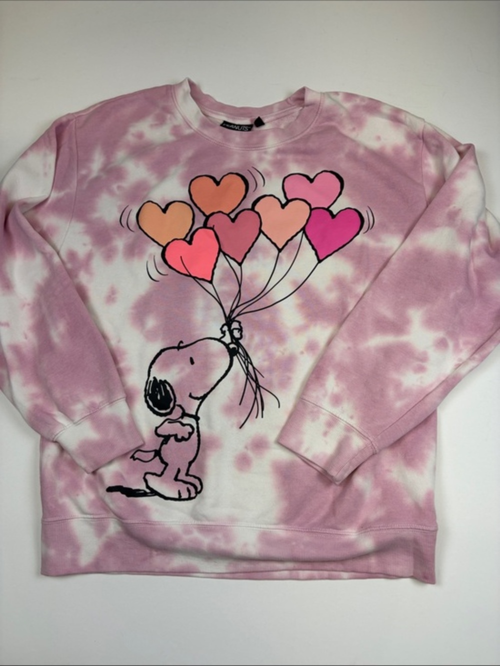 PEANUTS SNOOPY HEART BALLOONS PINK TIE DYE SWEATSHIRT WOMENS LARGE
